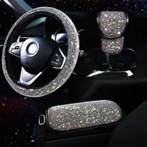 Dazzling Rhinestone Car Steering Wheel Cover, Gear Cover, Armrest Mat Set