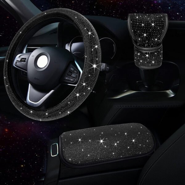 Dazzling Rhinestone Car Steering Wheel Cover, Gear Cover, Armrest Mat Set