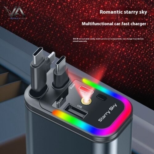 Starry Sky Car Charger 120W Mobile Phone Flexible Wire Car Usb Cigarette Lighter (4) Retractable Cable Car Charger